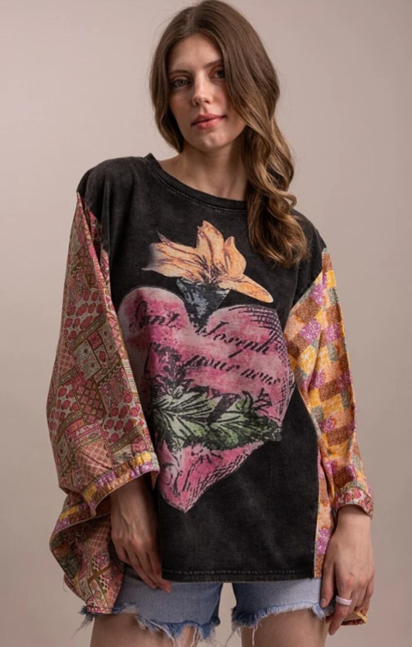 Blue Velvet Heart Graphic Patchwork Poncho Tee Kimono Sleeves - Eclectic Artist